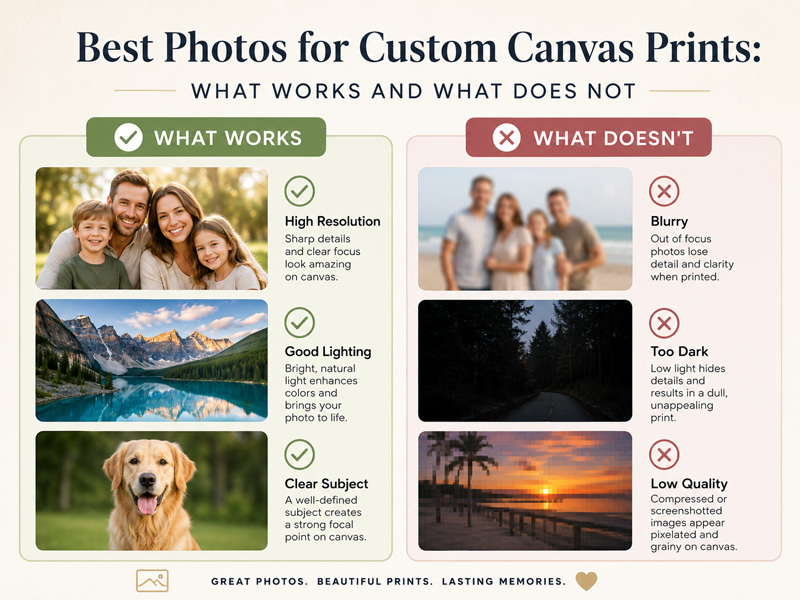 Infographic guide showing the best photos for custom canvas prints, comparing high-resolution, well-lit, clear photos with blurry, dark, and low-quality images.