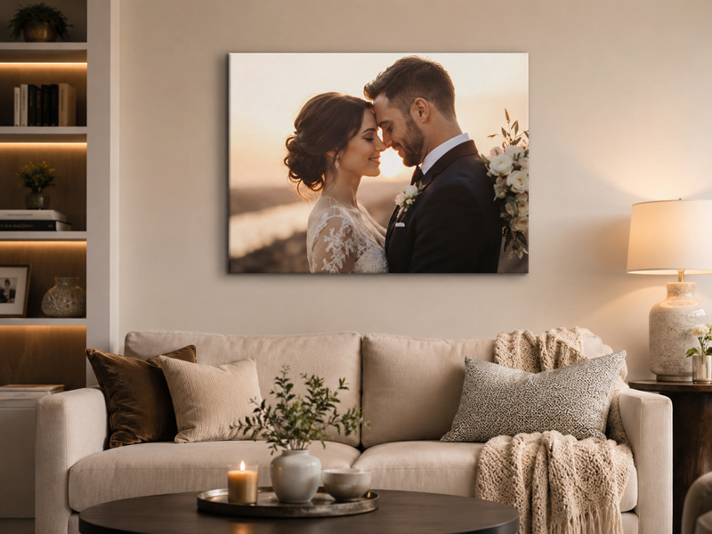 Custom Canvas Print Gift Ideas for Couples Custom canvas print displayed above a sofa in a cozy living room, featuring a romantic couple portrait in warm natural tones.