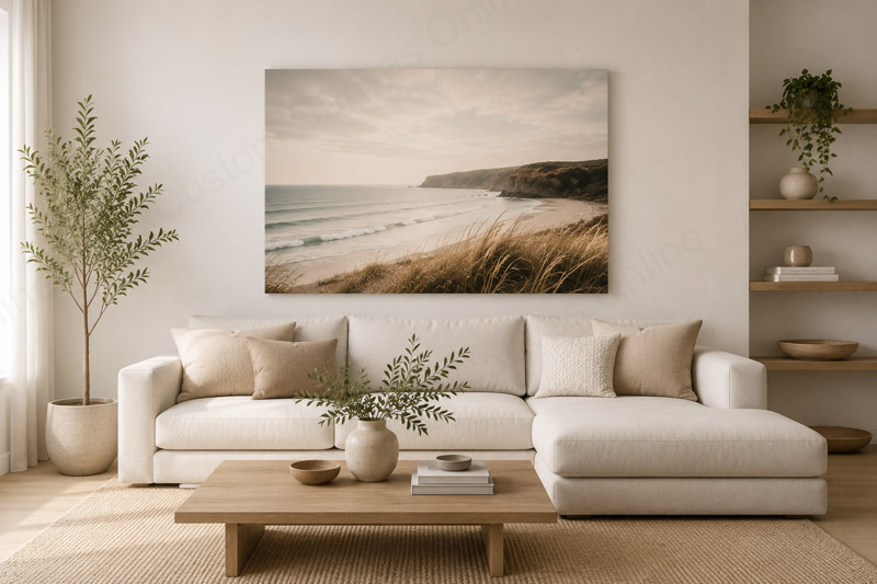 custom canvas prints living room Modern minimalist living room featuring custom canvas prints above the sofa.