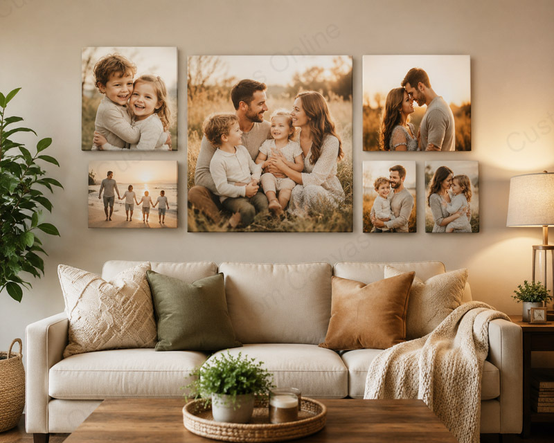Family Photo Canvas Gallery Wall in Cozy Living Room A warm and cozy living room featuring a personalized family photo canvas gallery wall displayed above a sofa. The canvas prints showcase meaningful family moments, creating a storytelling wall that adds emotional warmth, personality, and visual depth to the home interior.