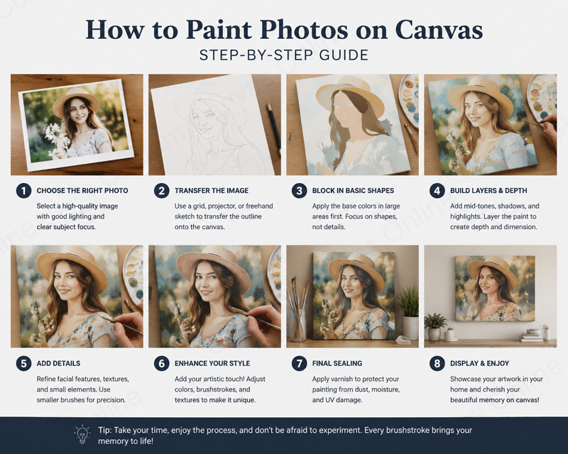 step by step canvas painting guide Step-by-step guide showing how to paint photos on canvas from selecting a photo to final sealing and displaying finished artwork
