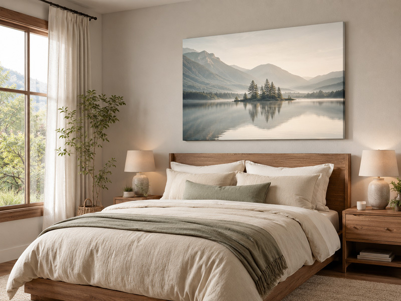 Relaxing Bedroom with Canvas Prints Wall Art Canvas prints above the bed in a relaxing bedroom, featuring a calm misty lake landscape in soft neutral tones.