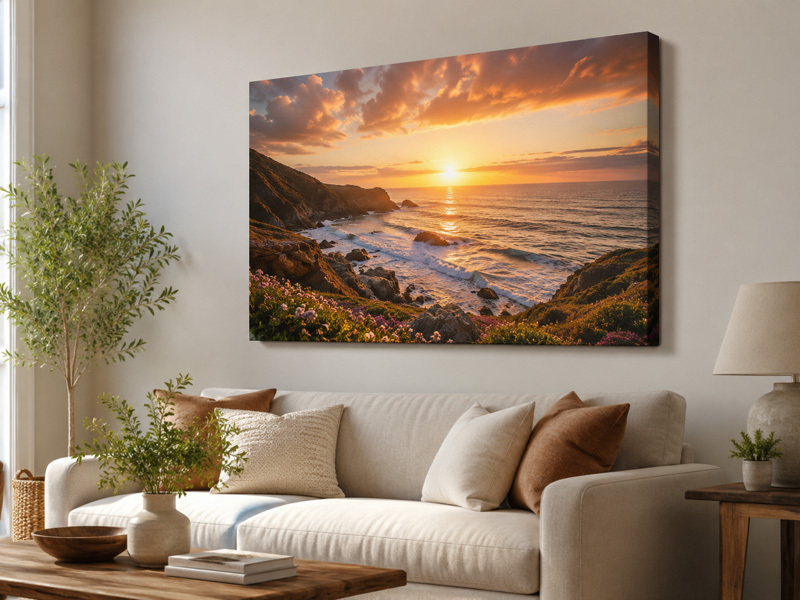 Stretched Canvas Print for Living Room Wall Art Large stretched canvas print displayed above a sofa in a modern living room, featuring a coastal sunset landscape with a gallery wrap finish.