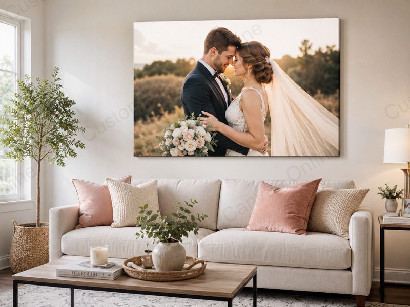 A bright modern living room featuring a large wedding photo canvas print above the sofa. This image shows how couples can turn a favourite wedding portrait into meaningful wall art for their home.